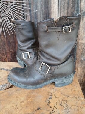 Frye Brown Leather Engineer Boots with Silver Buckles